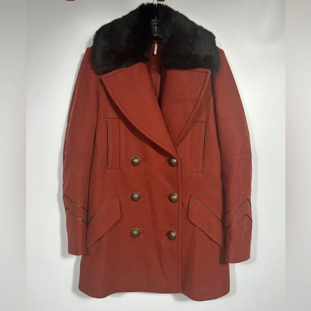 FREE PEOPLE SEDGWICK Red Wool Military Peacoat Double Breasted Fur Collar Sz.XS